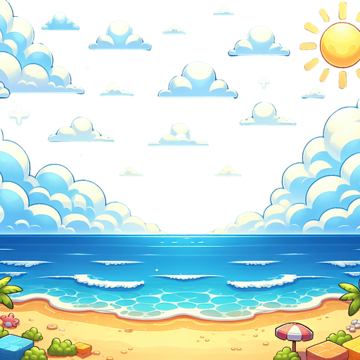 "A bright, cartoon-style beachside sky with soft white clouds, a clear blue ocean, and a sandy shore in the background. The colors should be vibrant and cheerful, with a summer vibe.".
Single Game Texture.  In-Game asset.  2d.  Blank background.  High contrast.  No shadows