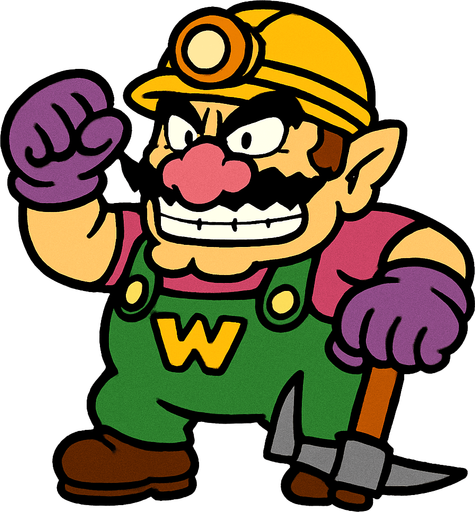 Super Mario'daki Wario karakteri ama madenci kılığında.
In-Game asset.  2d.  High contrast.  No shadows