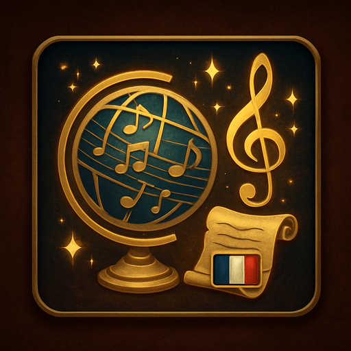 Design an icon for a Language selection button in a fantasy tower defense game set in a magical concert hall. The icon should combine a classic globe symbol with musical or magical elements to reflect the game's unique theme.

Main symbol: a stylized globe with subtle music note engravings on the surface or longitude/latitude lines formed from staff lines (like a musical sheet).
Optional elements: a floating treble clef, sparkles, or an open scroll representing language or translation.

Use elegant gold, bronze, or blue tones, with a soft magical glow.
The background should be subtle—velvet, dark wood, or parchment-like texture.

Icon must be square (256×256 px), readable at small sizes, and must not include text.
Optional: provide a state where a small flag symbol or dropdown arrow appears to suggest language selection.

Style: refined, orchestral fantasy UI—fitting the atmosphere of a haunted concert hall with magical elegance..
In-Game asset.  2d.  High contrast.  No shadows