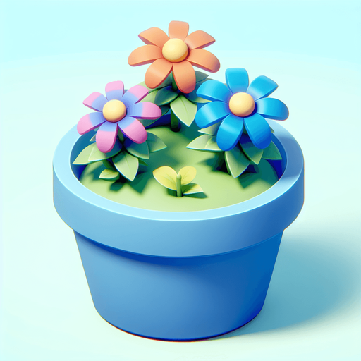 3 nice colored flowers in a single light blue pot..
In-Game asset. 2d. Blank background. High contrast. No shadows. No perspective.
