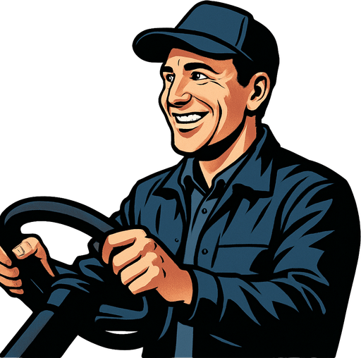 Smiling realistic driver. But hə is looking right.
In-Game asset.  2d.  High contrast.  No shadows