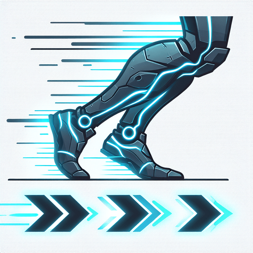 A stylized, sleek cybernetic boot or leg silhouette with clear motion lines trailing behind it (like speed lines). Alternatively, three chevrons (>>>) pointing forward, glowing with blue energy, suggesting rapid advancement..
Single Game Texture.  In-Game asset.  2d.  Blank background.  High contrast.  No shadows