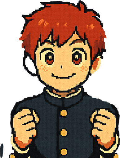 A cute 15-year-old red-haired boy with red eyes, wearing a traditional Japanese school uniform (gakuran). He has a big closed-mouth smile, shining eyes, and clenched fists held forward, as if encouraging himself. Behind him, other Japanese students can be seen. The scene is illustrated in Pixel Art style..
In-Game asset.  2d.  High contrast.  No shadows