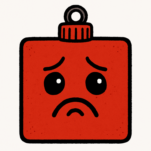 a sad square red Christmas decoration..
In-Game asset.  2d.  High contrast.  No shadows