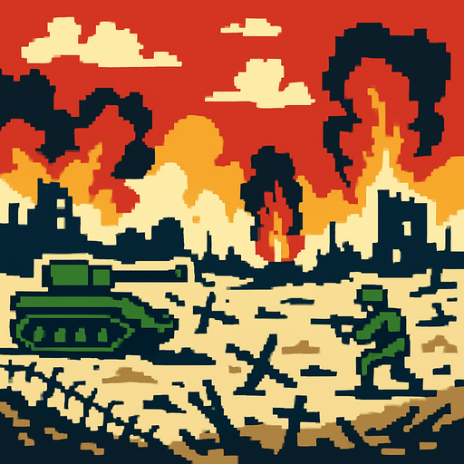 a pixel war background.
In-Game asset.  2d.  High contrast.  No shadows