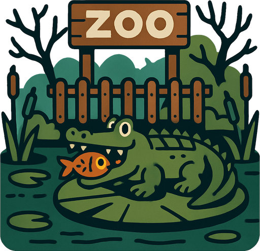 A swamp like zoo exhibit with a crocodile on top of a lily pad with a fish.
In-Game asset.  2d.  High contrast.  No shadows