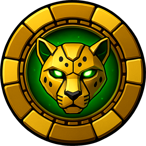 Change the image of a shield in the center into a robotic cheetah head. Change the background color in the center to green.