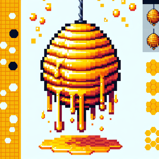 pixelart.a large yellow beehive hanging in the air, dripping from honey..
Single Game Texture. In-Game asset. 2d. Blank background. High contrast. No shadows.