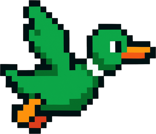 pixart green duck flying.
In-Game asset.  2d.  High contrast.  No shadows