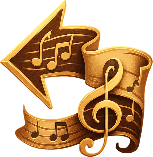 Design a button icon for "Back to Menu" in a fantasy tower defense game set in a haunted, musical concert hall.

The button should feature a stylized arrow pointing left, wrapped in or formed by musical elements such as a ribbon of notes, a bass clef, or a scroll with a staff line.

The background should be elegant and soft: deep velvet red or dark wood with subtle glow.
Optional: add a small menu symbol (like sliders or a parchment icon) subtly integrated behind or beneath the arrow.

Keep the icon square (256×256 px), readable at small sizes, and without text.
Style should match the UI of the game—refined, fantasy-themed, and orchestral in tone..
In-Game asset.  2d.  High contrast.  No shadows