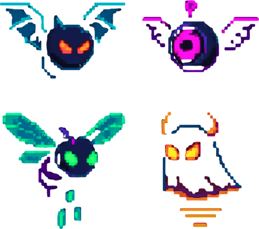Crea enemigos voladores estilo pixel art, ideales para un juego de plataformas retro. Deben flotar o volar sobre el jugador, con movimientos suaves o erráticos. Pueden tener alas mecánicas, alas de insecto, o simplemente levitar con energía. Que se vean amenazantes, pero simples de animar.

Pueden tener:

Ojos brillantes o un solo ojo (tipo dron o criatura mágica).

Colores oscuros o neón, para resaltar en niveles digitales o de noche.

Algunos pueden disparar proyectiles, otros solo hacen daño al contacto..
In-Game asset.  2d.  High contrast.  No shadows