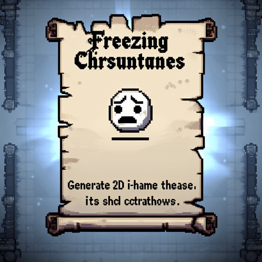 a pergament letter with the name "freezing Circumstances". It has a very froozen shocked face on it. Single Game Texture. In-Game asset. 2d. Blank background. High contrast. No shadows.