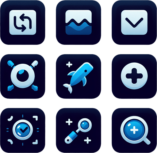 Collection of high definition modern rounded squares buttons.
simple icons : resize , fullscreen (arrows), magnifier with +,...,
Simple backgrounds. 
Few dark "blue whale" gradient colours.
no text