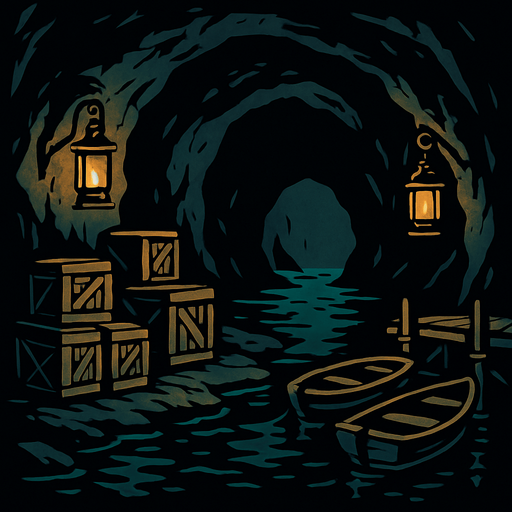 A dark sea cave used by smugglers, crates stacked on wet stone, rusty lanterns casting weak light, small boats tied to hidden docks.
In-Game asset.  2d.  High contrast.  No shadows
