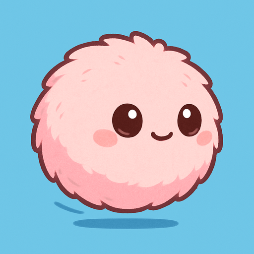 Chibi style, incredibly cute, perfectly round, puffy creature. **It has no visible legs or limbs, appearing as a soft, adorable ball with a friendly, expressive face (big, innocent eyes and a small smile).** Implied motion is a gentle bounce or glide. Predominant color: light pink with subtle fluffy texture. Minimalist, clean lines, vibrant colors. Solid light blue background. Mobile game character asset, running/gliding animation frame..
In-Game asset.  2d.  High contrast.  No shadows
