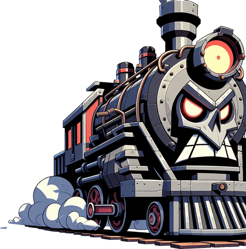 Train like enemy, ambitious villain,  looks like Train cartoonish boss, realistic and detailles.
Single Game Texture.  In-Game asset.  2d.  Blank background.  High contrast.  No shadows