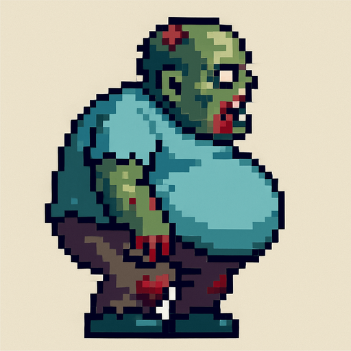 pixel art fat zombie left in a side view..
In-Game asset.  2d.  High contrast.  No shadows