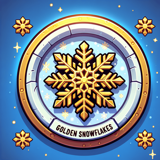 icon for a golden snowflake, on a circle, on the top is the text: "golden snowflakes" cartoon Single Game Texture. In-Game asset. 2d. Blank background. High contrast. No shadows.