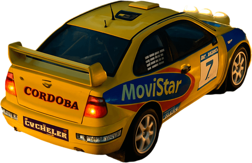 Photorealistic Seat Cordoba Rallycar in nightlight, drone topview from back and 45 degrees angle in top right corner
