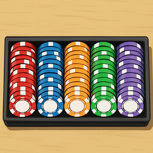 A long rack of different colored poker chips seen from above. Anime style..
In-Game asset.  2d.  High contrast.  No shadows
