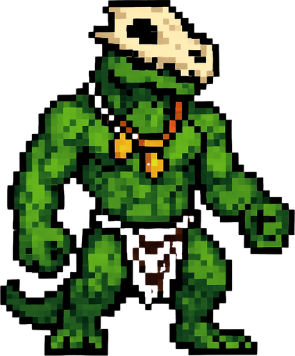 Lagarto furry fuerte sin camisa y con taparrabos, que en la cara lleve un cráneo de otro lagarto, que lleve colgantes y que sea pixeleado.
In-Game asset.  2d.  High contrast.  No shadows
