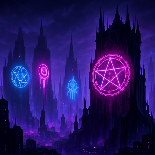16:9 banner, Neon cyberpunk horror landscape scene futuristic spires skyscrapers towers skyline hologram sigils lovecraftian bladerunner tower defense neon purple blue pink occult sigils projections 3d