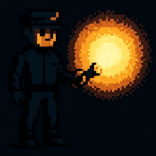 Guardia completamente negro con linterna iluminando con un circulo de aura pixelart.
In-Game asset.  2d.  High contrast.  No shadows