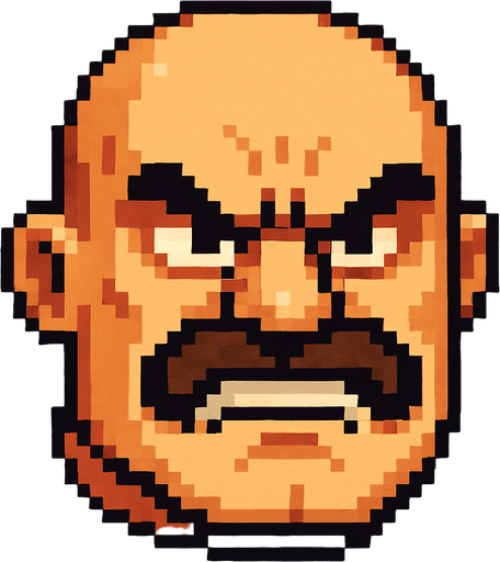 boss bald moustache angry head pixel art 2d..
In-Game asset.  2d.  High contrast.  No shadows
