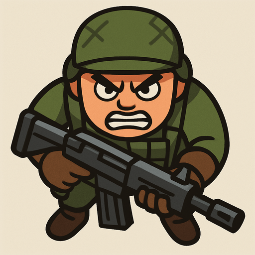 Yukardan bakış asker ve yüz ekle sinirli.
Elinde büyük bir silah var In-Game asset.  2d.  High contrast.  No shadows