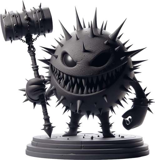 Design a menacing yet comical antagonist for a self-discovery game. The character is a spiky, shadowy creature with exaggerated features, including a wide, toothy frown, sharp ears, and furrowed, judgmental eyes. Its body is round and covered in spines, symbolizing its role as an inner critic or source of resistance. The character wields a massive hammer, emphasizing its destructive tendencies and its aim to obstruct the hero’s progress. It has a dark, moody aesthetic with shades of gray and black, creating an ominous presence. Despite its intimidating look, there’s a hint of over-the-top, cartoonish humor, making it memorable and slightly less threatening. This character embodies doubt, fear, and judgment, constantly challenging the hero while maintaining an entertaining, animated style..
In-Game asset. 3d. Blank background. High contrast. No shadows.