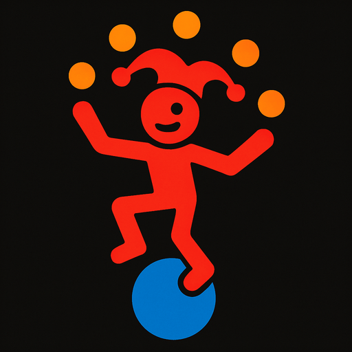 Red stickman that is a jester that is on a blue ball and is juggling.
In-Game asset.  2d.  High contrast.  No shadows