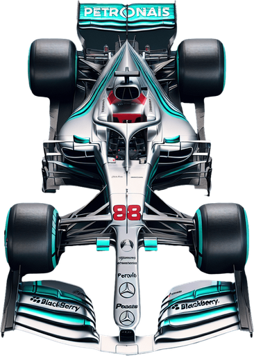 Real life Silver f1 mercedes race car with turquoise green lines and REARwings and white "PETRONAIS" text on wings.
Red race number on car nose. Black peace logo, black Blackberry text on sides. TOP VIEW