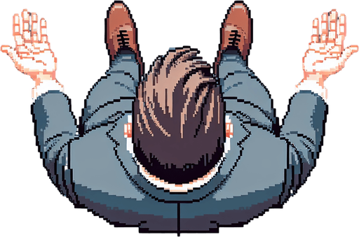 Directly overhead, plumb view of a business man heading top (we see his back). walinkg. empty hands..
Zenith view, directly overhead, plumb view. NOT PERSPECTIVE!. Pixel art