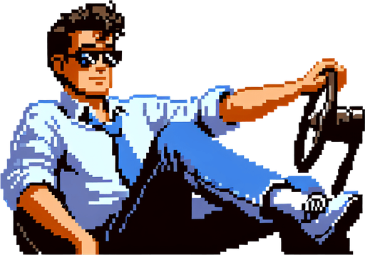 pixel art image of a 30-year-old cool-looking driver guy in a vintage retro 1980s style, depicted in a 3/4 view. The driver should be leaning back casually, exuding confidence and style, with one hand on the wheel as if driving. Single Game Texture. In-Game asset. 2d. Blank background. High contrast. No shadows.