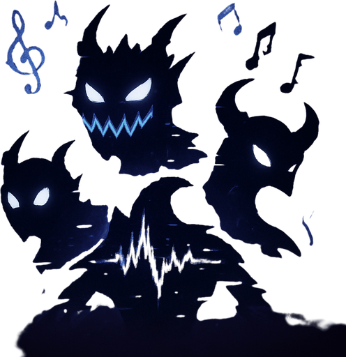 Design an icon for a button labeled "Enemies" in a fantasy tower defense game set in a haunted concert hall. The icon should represent the chaotic and musical nature of the enemies.

Show a cluster of stylized enemy silhouettes made of shadow, glitchy waveforms, or cracked musical notes. They should look menacing but stylized, like abstract creatures of sound and dissonance.

Use a dark, slightly glowing background (deep purple, blue, or smoky black) with subtle magical accents—floating broken clefs, static, or distortion.

Icon must be square (256×256 px), clean, and readable at small sizes.
Avoid text—use only imagery.
Style: semi-flat or digitally painted fantasy UI, consistent with an elegant but eerie orchestral theme..
In-Game asset.  2d.  High contrast.  No shadows