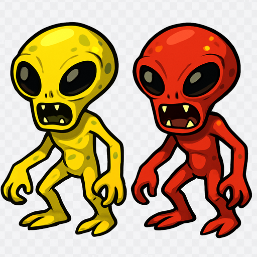 Yellow or red or both Alien transparent background.
In-Game asset.  2d.  High contrast.  No shadows