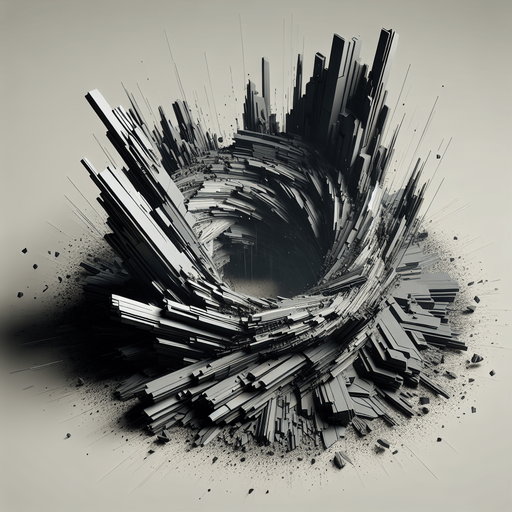 An imploding geometric shape or structure crumbling inwards into a chaotic void/vortex. Could be an intense version of the Unstable Rift, looking more menacing and powerful..
Single Game Texture.  In-Game asset.  2d.  Blank background.  High contrast.  No shadows