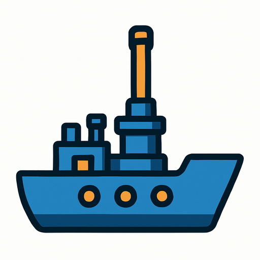 side scroller 2d simple battleship with vertical canon in the midle.
In-Game asset.  2d.  High contrast.  No shadows