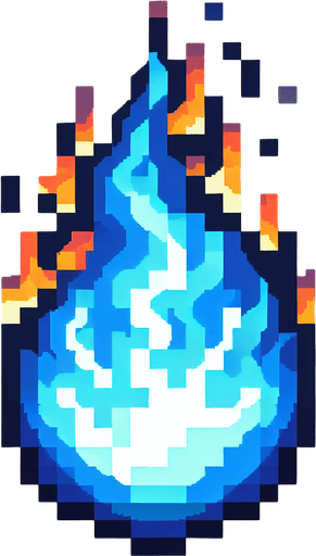 pixel art tall blue fireball.
Single Game Texture. In-Game asset. 2d. Blank background. High contrast. No shadows.
