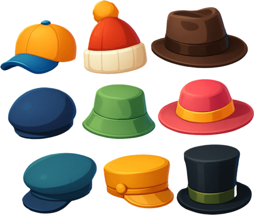 Pack of different hats.
In-Game asset.  High contrast.  No shadows. 3D