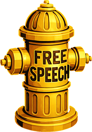 A stylized golden fire hydrant labeled "Free Speech" OR a glowing server rack labeled "Meme Archive"..
In-Game asset.  2d.  High contrast.  No shadows