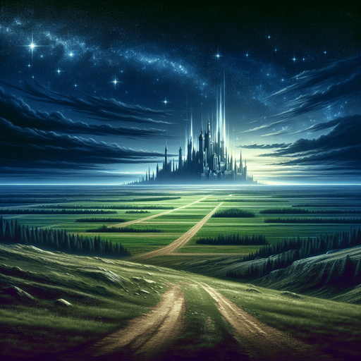 2d classic landscape. night sky .horizontaly soil surface road.  far distance meadow wit dark green meadow and epic medieval city.
Single Game Texture.  In-Game asset.  2d.