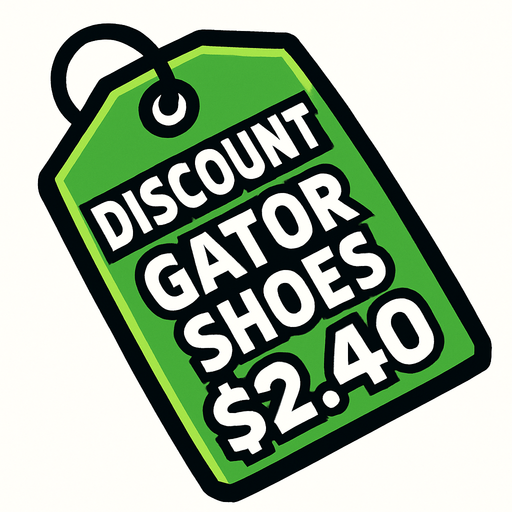Green pricetag that says discount gator shoes $2.40.
In-Game asset.  2d.  High contrast.  No shadows