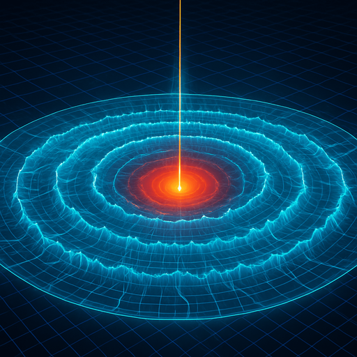 Overhead digital simulation hologram of oceanic meteor impact tsunami wave shockwave radius circle outward crashing neon cyberpunk 3d diagram Translucent projection grid
