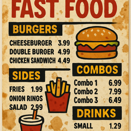 a greasy fast food styled menu with stains.
In-Game asset.  2d.  High contrast.  No shadows