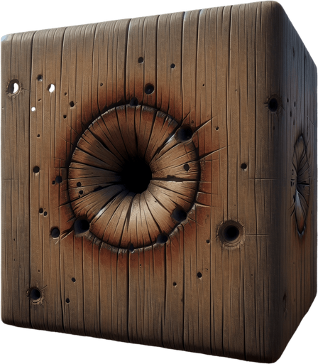 wood bullet hole.
Single Game Texture. In-Game asset. 2d. Blank background. High contrast. No shadows.
