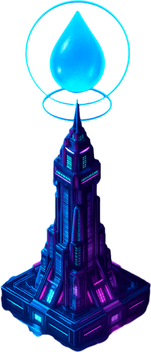 Top down isometric neon cyberpunk anime talk futuristic tower spire 3d ocean glowing hd large blue water drop hologram over top