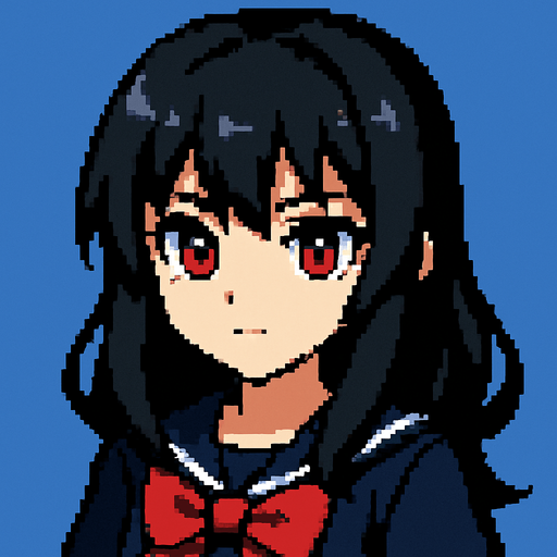 Beautiful anime-style girl with black hair and red eyes. Game image. 2D. High contrast. No shadows. Pixel art..
In-Game asset.  2d.  High contrast.  No shadows