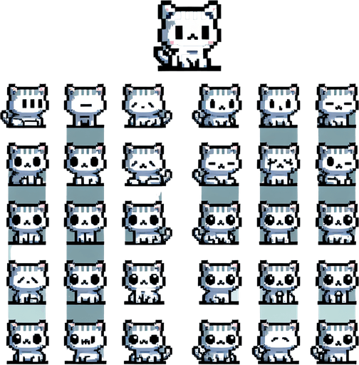 A spritesheet of a character sprite, which is a little grey and white striped cat, in various poses of sitting, looking happy, looking sad. Pixelart. The sprites should be laid out on a rectangular grid with clear space between them.Top down perspective..
Single Game Texture. In-Game asset. 2d. Blank background. High contrast. No shadows.