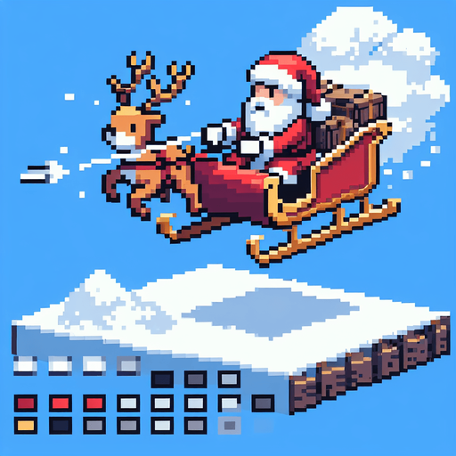 pixelart. christmas. santa in sleigh. from the side. flying. Single Game Texture. In-Game asset. 2d. Blank background. High contrast. No shadows.